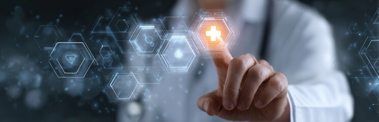 A medical professional interacts with a glowing digital interface, highlighting healthcare technology and innovation.