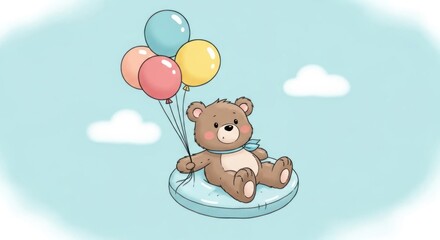 Illustration of a cute teddy bear floating on a cushion with colorful balloons in the sky