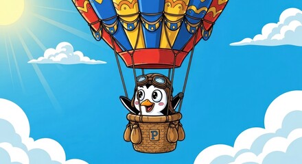 Cartoon penguin soaring through the sky in a colorful hot air balloon adventure on a sunny day