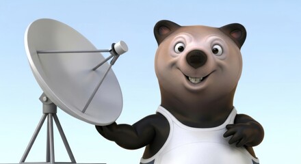 Cartoon bear using a satellite dish for communication in a digital artwork style