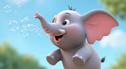 Delightful Cartoon Elephant Blowing Bubbles in a Whimsical Outdoor Scene Illustration