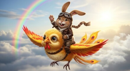 Fantasy flight of a bunny aviator riding a magical bird through the clouds with rainbow