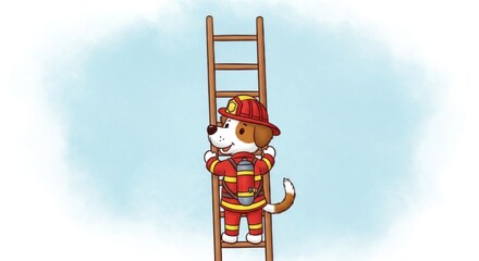 Illustration of a determined dog firefighter climbing ladder against a blue background