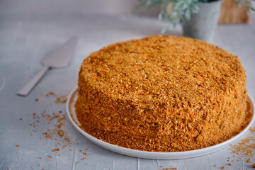 Honey cake on a white plate on a gray table