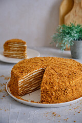 Honey cake on a white plate on a gray table