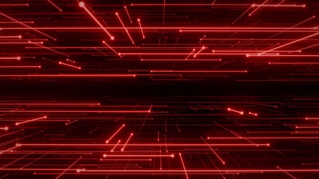 Looped abstract sci-fi digital background with futuristic red laser lines moving through dark space. Technology grid corridor made of glowing light streaks and points. Seamless vj loop , 4K 60fps