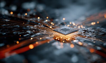 Close-up view of a quantum chip radiating vibrant energy trails and abstract particle bursts.