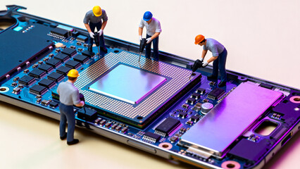 Miniature workers repairing circuit board