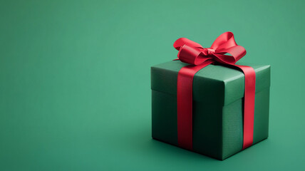 Obraz premium gift box with red ribbon on green background with blank space