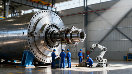Workers inspecting large industrial machinery