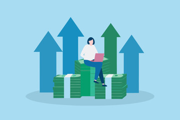 Woman working on laptop sitting on stacks of money with upward trending arrows symbolizing financial growth