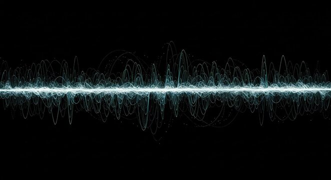 A pulsating, glowing blue waveform representing sound or energy against a stark black background. - Powered by Adobe