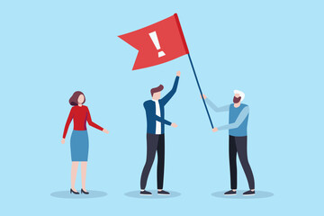 Teamwork and communication with a red flag and exclamation mark symbol for important information