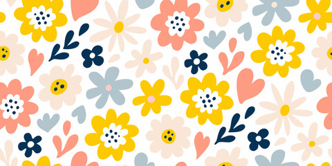 Charming hand drawn floral pattern with hearts and leaves in pastel colors