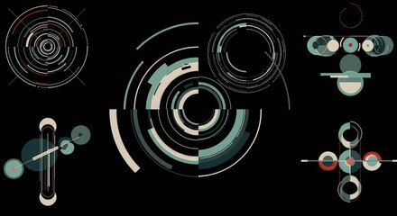 Abstract circular and geometric shapes with a dark background, evoking a futuristic or technological theme.