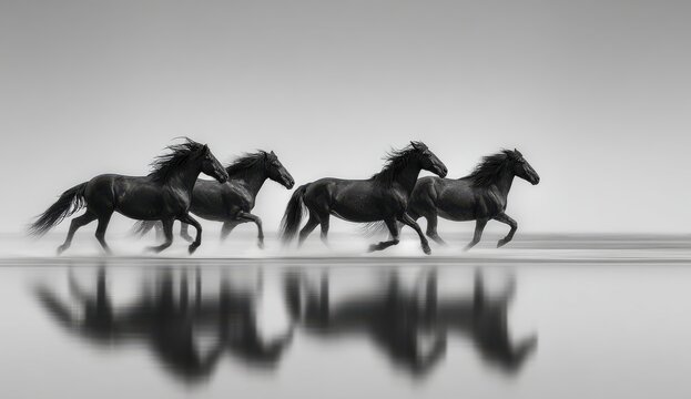 A group of black wild mustangs gallops across a blurred landscape, their elegant movements artistically captured in black and white. The scene conveys energy and freedom.
