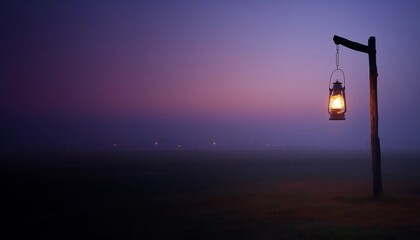 Obraz premium Old-fashioned lantern hang from elegant wooden pole,soft glow of dawn on horizon,copy space.