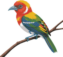 Obraz premium Vibrant tropical bird with colorful plumage perched on a branch amidst lush green leaves silhouette