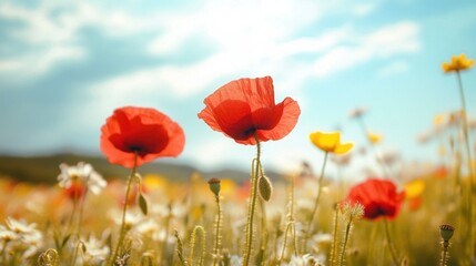 Obraz premium Vibrant Wildflower Meadow with Poppies and Colorful Blooming Plants