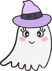 Cute halloween ghost girl with purple hat cartoon doodle