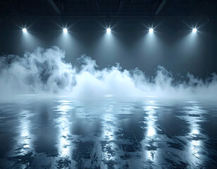 Fototapeta premium Dramatic stage lighting illuminates a mysterious smoky atmosphere, creating an empty yet expectant performance space with reflective floors and bright spotlights