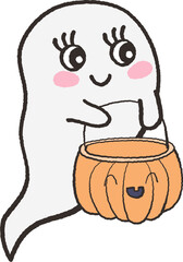 Cute halloween ghost holding basket pumpkin cartoon doodle