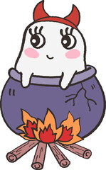 Cute halloween ghost girl with poison pot cartoon doodle