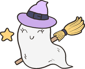 Cute halloween ghost on flying magic broomstick cartoon doodle