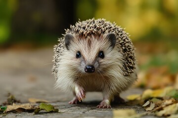 Naklejka premium Cute Hedgehog Walking on Path Surrounded by Autumn Leaves