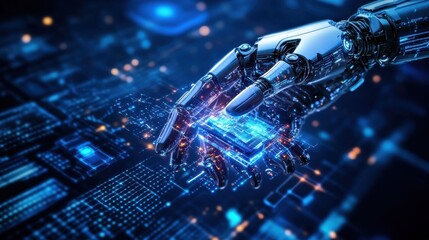 Futuristic Robot Hand Holding Digital Processor in Technology Concept