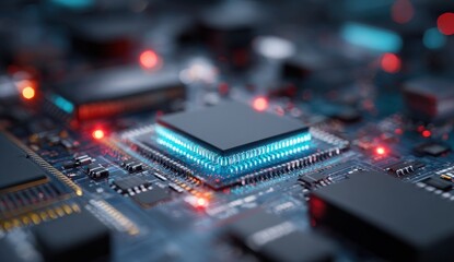 Close-up view of a microprocessor on a circuit board with glowing lights and intricate details.