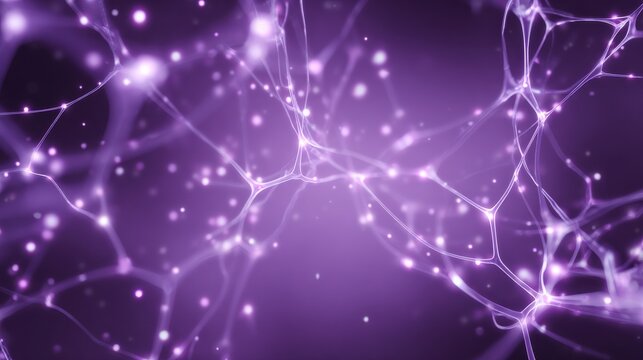 This design showcases an abstract neural network web filled with glowing nodes and connections. The smooth purple gradient background enhances the tech-inspired atmosphere.
