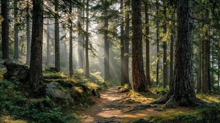 Naklejka premium Sunlight path through forest