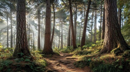 Obraz premium Sunlight streams through pine forest path