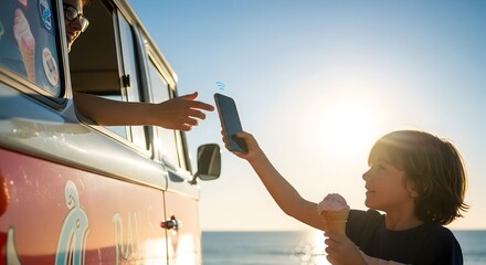 Obraz premium Contactless Payment for Ice Cream at Sunset Beach Van
