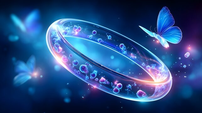 Glowing molecular particles with science labels on dark abstract background