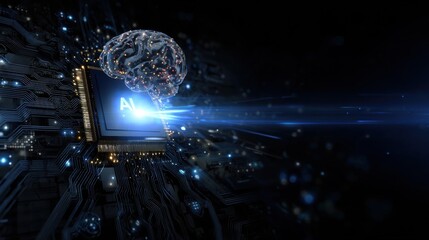 A digital scene showcases a brain illuminated within a circuit board, symbolizing the fusion of human cognition and artificial intelligence technology.