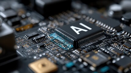 Close-up view of a blue AI circuit board displaying intricate details and components essential for advanced technology. This design illustrates the future of smart devices.