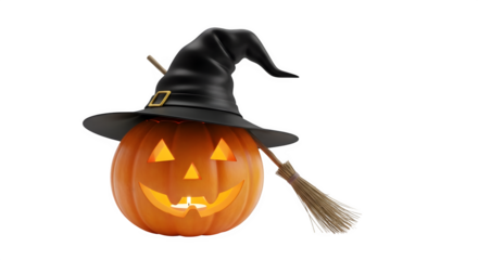 Jack-o'-lantern with witch hat and broom for halloween isolated png transparent background