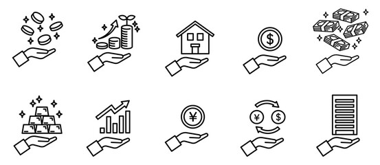 お金・投資・資産・金融アイコンセットモノクロ