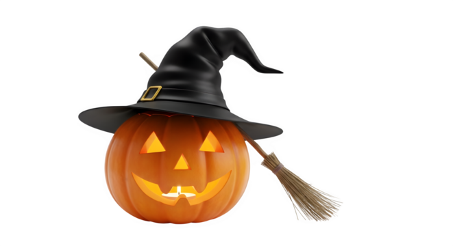 Jack-o'-lantern with witch hat and broom for halloween isolated png transparent background