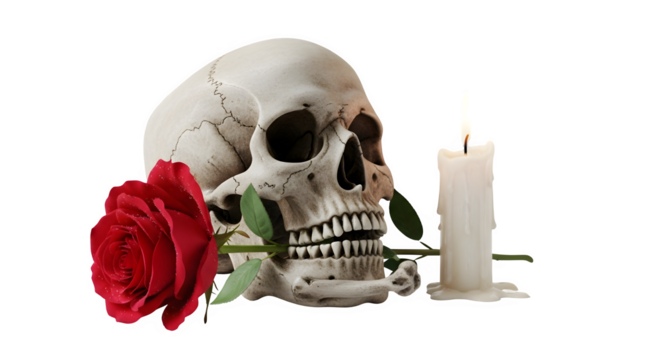 Skull, rose, and candle isolated png transparent background
