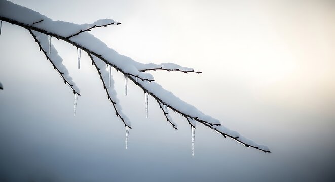 Icy tree branch with dripping icicles in winter.