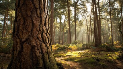 Obraz premium Sunlight filtering through forest trees