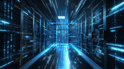 Server racks in a server room formed by glowing binary code symbolizing digital infrastructure data flow cybersecurity connectivity and the invisible foundation of the modern information age