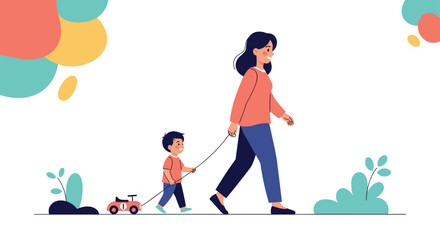 A mother walks with her child pulling a toy car.