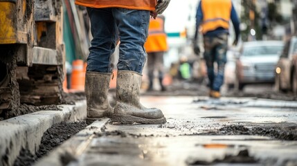 Construction Worker on Site with Wet Concrete and Safety Gear