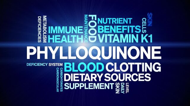 Phylloquinone Vitamin K1 animated word cloud-text design animation tag kinetic typography seamless loop.