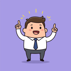 Happy man in white shirt and blue tie, pointing upward with both index fingers, light purple background.