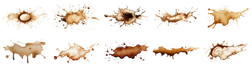 A collection of isolated coffee stains on a clean white background, perfect for creative projects. Versatile textures enhance designs and illustrations.